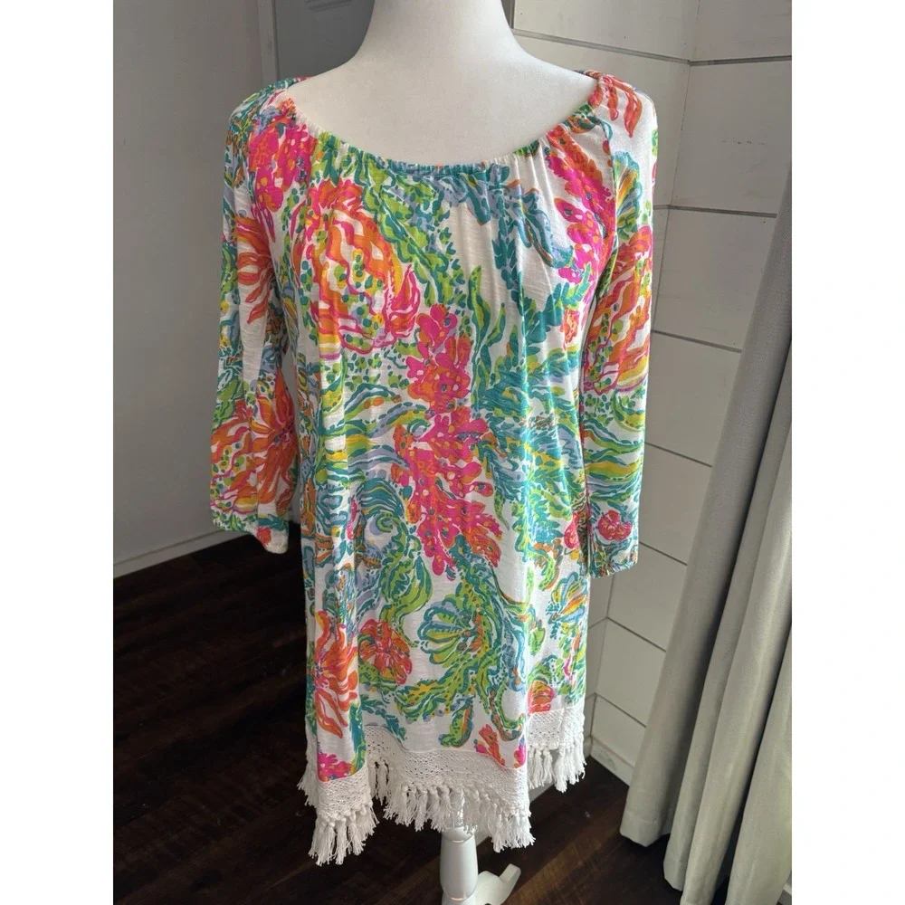 Lilly Pulitzer Dress Womens XS Multicolor Floral Beach Vacation‎ Fringe Colorful